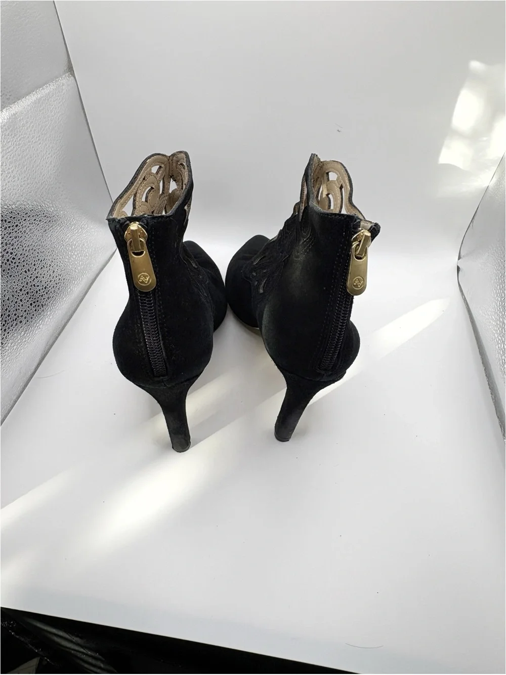 Adrienne Vittadini Black Suede Lasercut Heels